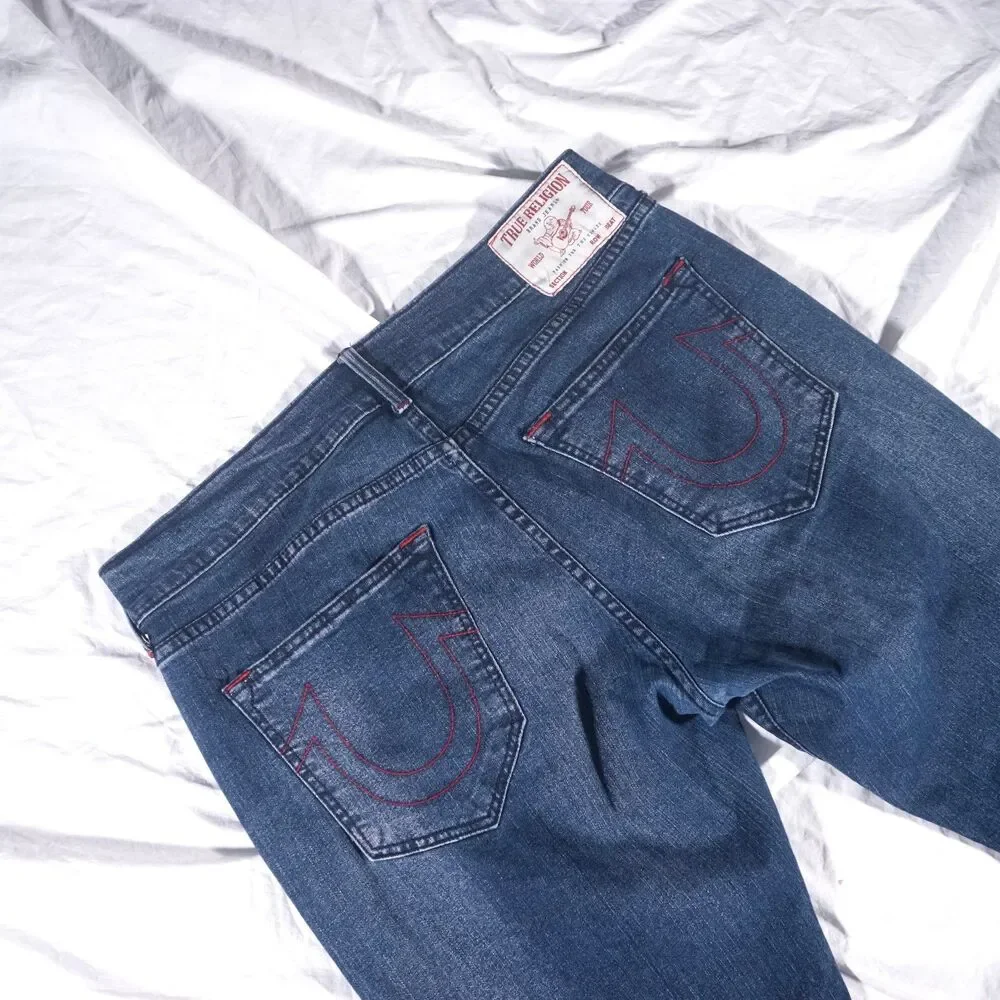 True Religion Ricky Jeans Relaxed Straight Blue Red Stitch Mens 36 36x34